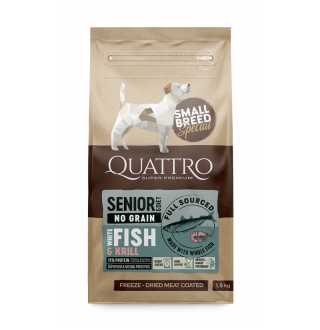Quattro Senior&Diet Fish Small Breed корм для собак дрібних порід від 10 років та собак з надмірною вагою з білою рибою та крилем 1,5 кг