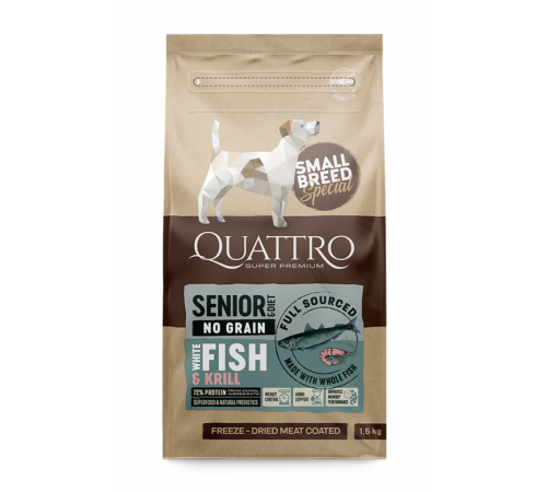 Quattro Senior&Diet Fish Small Breed корм для собак дрібних порід від 10 років та собак з надмірною вагою з білою рибою та крилем 7 кг