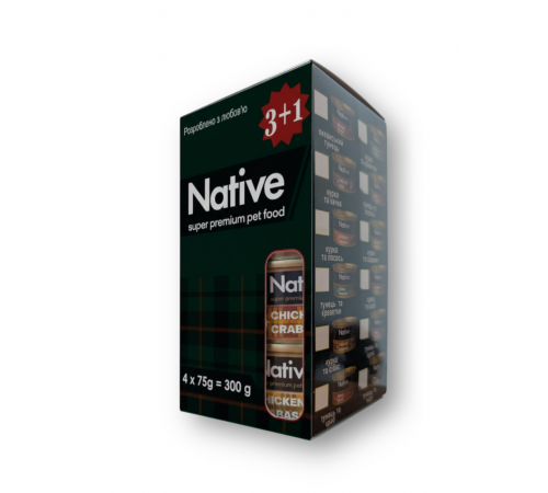 Native BOX 3+1 Повнораціонний вологий корм для дорослих котів, 4 смаки в одному наборі- ассорті 4х75г, 300г.