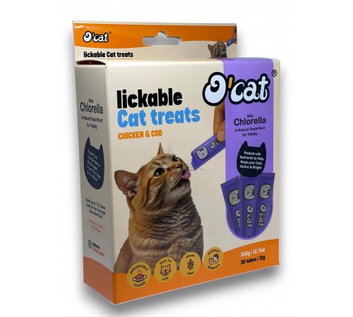O'cat Lickable Cat Treats Chicken & Cod Ласощі для котів (Курка та Тріска), 30 шт х 12 г 360 г. 