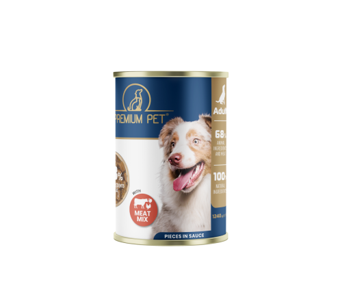 Premium Pet Повнораціонний корм для дорослих собак консервований. М'ясні шматочки в соусі, асорті - 1240 г