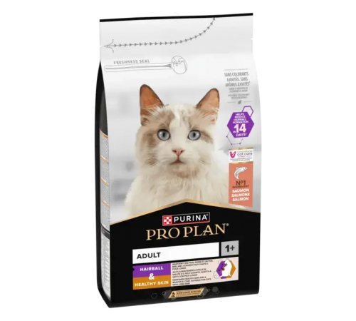 Purina Pro Plan Hairball & Healthy Skin- сухий корм для дорослих котів для зменшення утворення кульок шерсті у травному тракті та для підтримки здорової шкіри, з лососем, 1,5кг