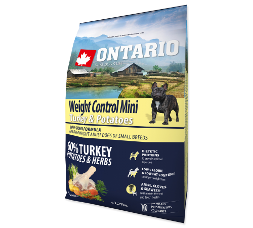 Ontario Mini Weight Control Turkey&Potatoes - Cухий дієтичний корм для собак дрібних порід з індичкою та картоплею, 2,25кг