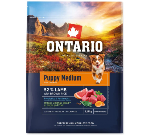 Ontario Puppy Medium Lamb & Brown Rice сухий корм для цуценят середніх порід та молодих собак з ягням та коричневим рисом, 2,25кг