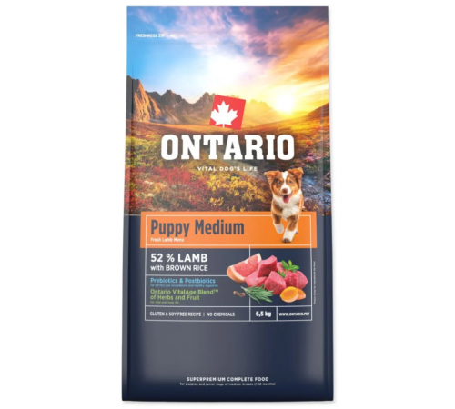 Ontario Puppy Medium Lamb & Brown Rice сухий корм для цуценят середніх порід та молодих собак з ягням та коричневим рисом, 6,5кг