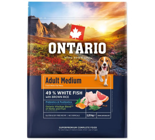 Ontario Adult Medium Fish & Brown Rice Сухий корм для дорослих собак, середніх порід з рибою та коричневим рисом 2,25 кг NEW 