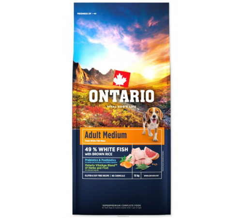 Ontario Adult Medium Fish & Brown Rice Сухий корм для дорослих собак, середніх порід з рибою та коричневим рисом 12 кг NEW