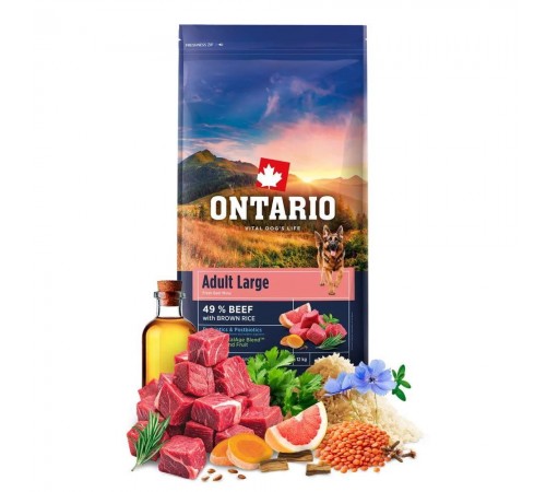 Ontario Adult Large Beef & Brown Rice Сухий корм для дорослих собак, великих порід з яловичиною та коричневим рисом NEW 12кг.