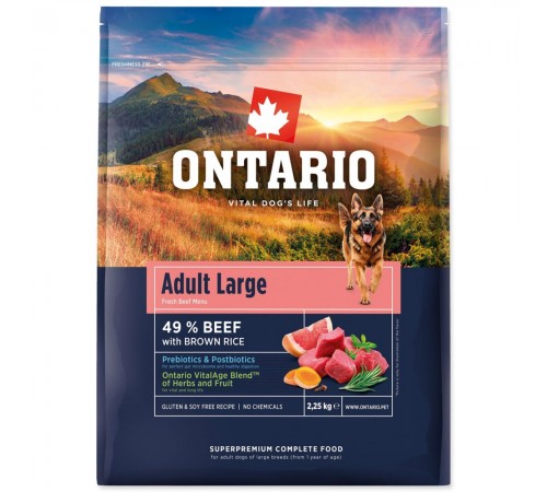 Ontario Adult Large Beef & Brown Rice Сухий корм для дорослих собак, великих порід з яловичиною та коричневим рисом NEW 2,25кг.