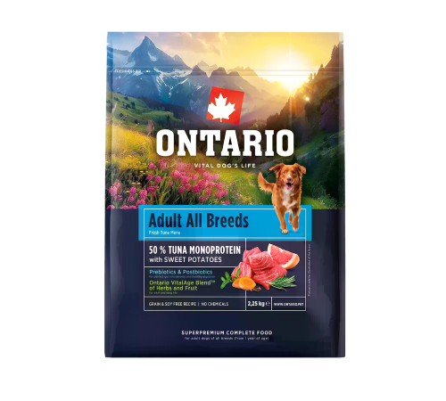 Ontario Adult All Breeds Monoprotein Сухий корм для дорослих собак усіх порід з тунцем та солодкою картоплею, 2.25 кг