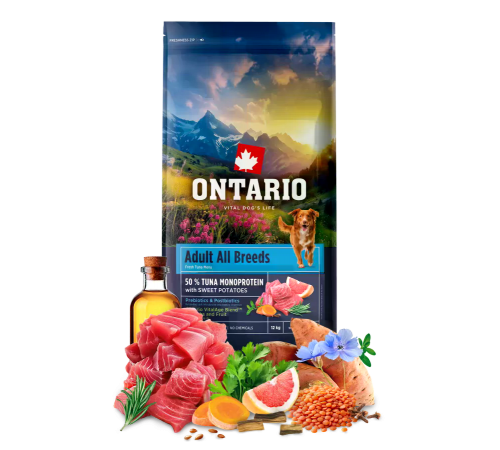 Ontario Adult All Breeds Monoprotein Сухий корм для дорослих собак усіх порід з тунцем та солодкою картоплею, 12 кг