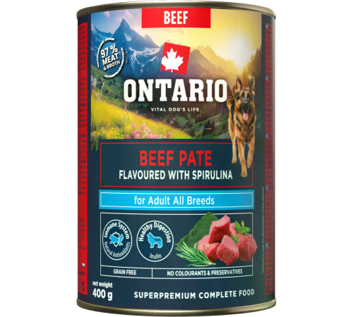 Ontario CAN Adult Beef Pate with Spirulina.Вологий корм для собак з яловичини зі смаком спіруліни, банка 400 г