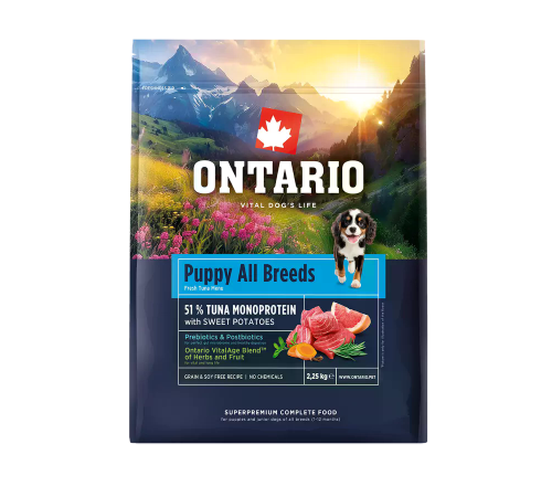 Ontario Ontario Puppy All Breeds Monoprotein Tuna & Sweet Potatoes Монопротеїновий корм для цуценят та юніорів для всіх порід з тунцем та солодкою картоплею 2,25 кг