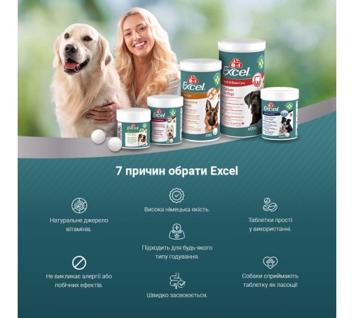 8in1 Vitality Excel Brewers Yeast for large breed - Вітамінна добавка для собак великих порід, що підтримує здоров'я шкіри та шерсті, 80таб