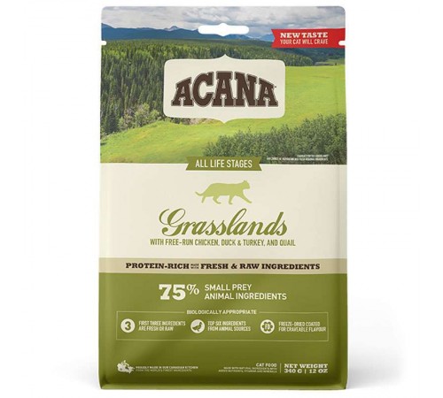 Acana Grasslands Cat - сухий корм із м'ясом качки, курки та яйцями для котів різного віку, 340г