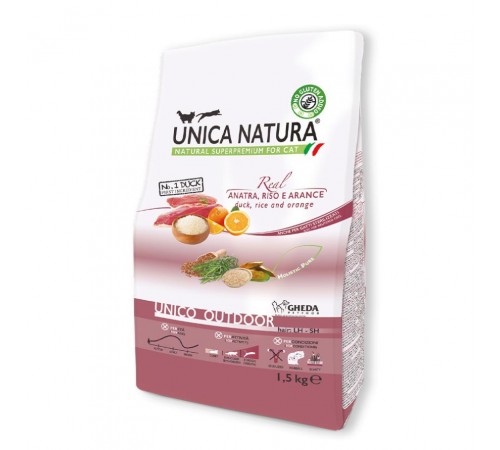 Gheda Unica Natura Outdoor - сухий корм для вуличних котів з качкою, рисом та апельсином, 1,5кг