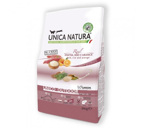 Gheda Unica Natura Outdoor - сухий корм для вуличних котів з качкою, риомс та апельсином, 350г