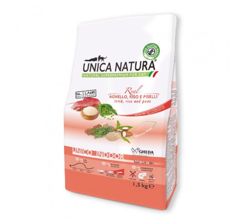 Gheda Unica Natura Unico Indoor Lamb Rice and Peas - сухий корм для домашніх котів з ягням рисом та горохом, 1,5кг