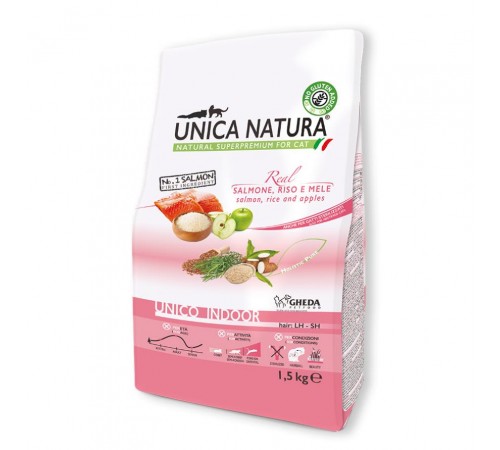 Gheda Unica Natura Unico Indoor Salmon Rice and Apples - сухий корм для домашніх котів з лососем рисом та яблуками, 1,5кг