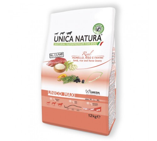 Gheda Unica Natura Unico Maxi Lamb, Rice and Horse Beans - сухий корм для дорослих собак великих порід з ягням рисом та бобами, 12кг