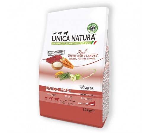 Gheda Unica Natura Unico Maxi Venison Rice and Carrots - сухий корм для дорослих собак великих порід з олениною рисом та морквою, 12кг