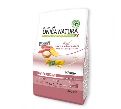 Gheda Unica Natura Unico Mini Duck Rice and Potatoes - сухий корм для собак дрібних порід з качкою рисом та картоплею, 800г