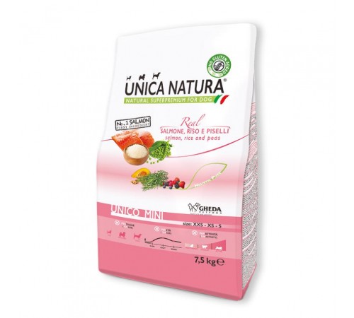 Gheda Unica Natura Unico Mini Salmon, Rice and Peas - сухий корм для собак дрібних порід з лососем рисом та горохом, 7,5кг