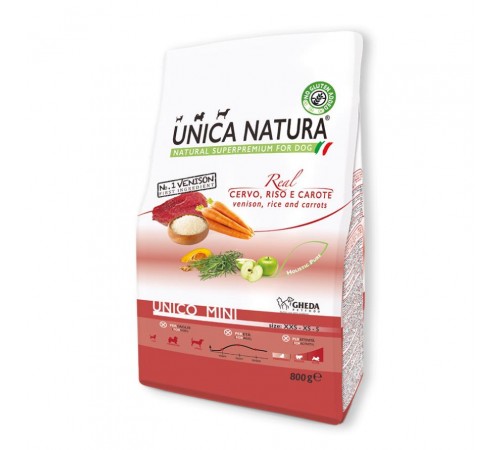 Gheda Unica Natura Unico Mini Venison Rice and Carrots - сухий корм для собак дрібних порід з олениною рисом та морквою, 800г