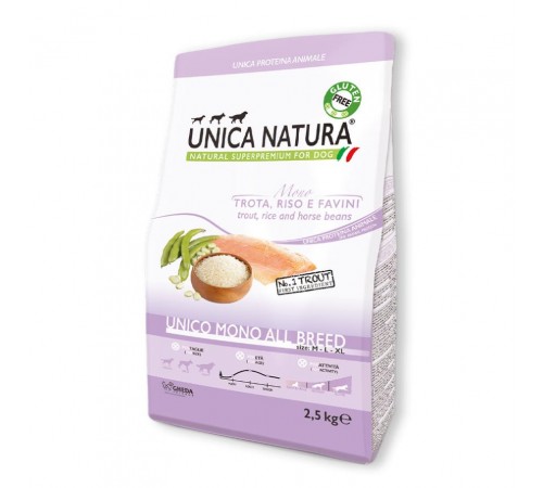 Gheda Unica Natura Unico Mono All breed Trout - сухий монопротеїновий корм для собак всіх порід з фореллю, 2,5кг