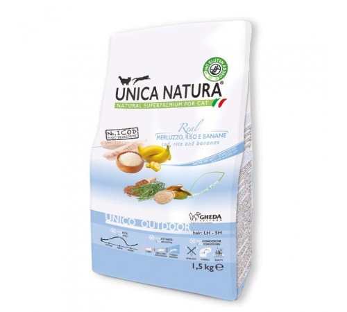 Gheda Unica Natura Unico Outdoor Cod Rice and Bananas - сухий корм для вуличних котів з тріскою рисом та бананами, 1,5кг