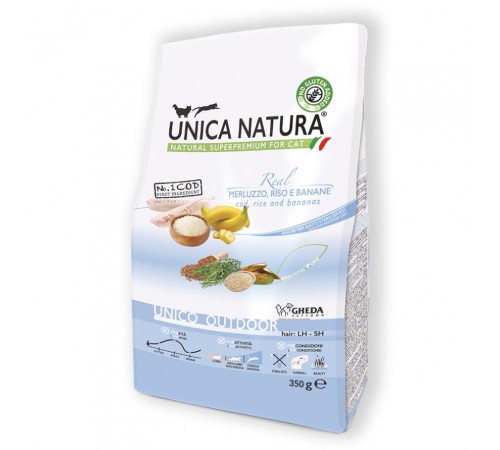 Gheda Unica Natura Unico Outdoor Cod Rice and Bananas - сухий корм для вуличних котів з тріскою рисом та бананами, 350г