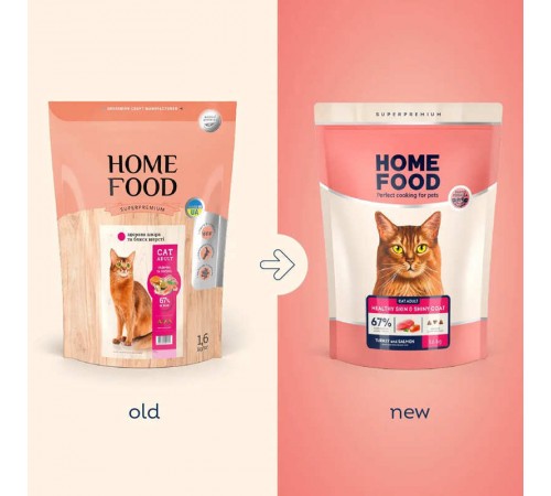 Home Food Healthy Skin&Shiny Coat - сухий корм з індичкою та лососем для здорової шкіри та блиску шерсті дорослих кішок, 1,6кг