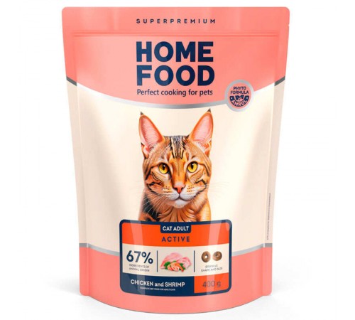 Home Food - сухий корм з урочкою і креветкою для дорослих активних котів, 400г