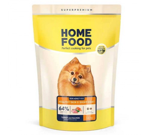 Home Food Healthy Skin and Shiny Coat Adult Mini - сухий корм з індичкою та лососем для здоров'я шкіри та блиску шерсті у собак дрібних порід, 1,6кг
