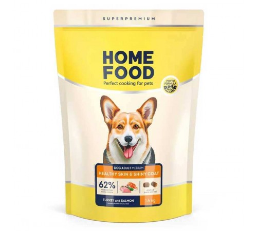 Home Food Healthy Skin and Shiny Coat Adult Medium - сухий корм з індичкою та лососем для здоров'я шкіри й блиску шерсті у собак середніх порід, 1,6кг