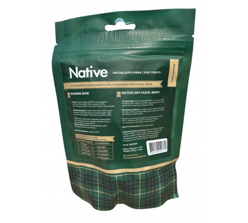 Native Duck Jerky - ласощі для собак в'ялена качка, 100г