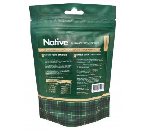 Native Duck Thin Strips - ласощі для собак качині тонкі смужки, 100г