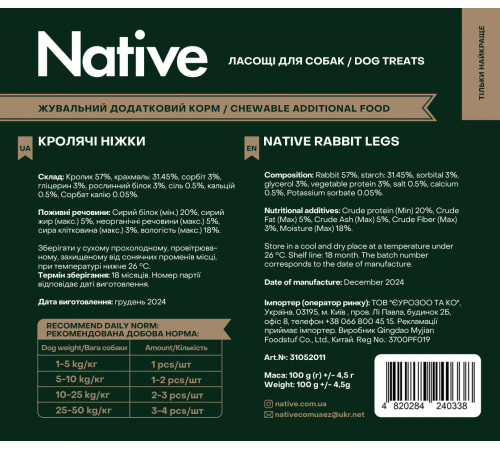 Native Rabbit Legs - ласощі для собак кролячі ніжки, 100г