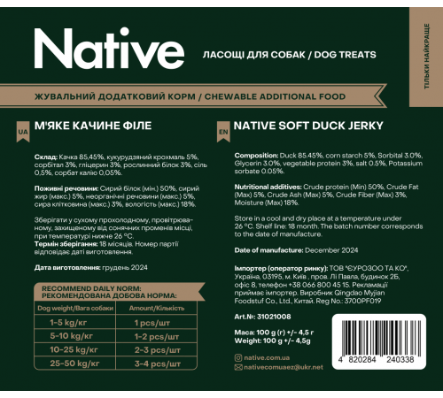 Native Soft Duck Jerky - ласощі для собак м’яке качине філе, 100г