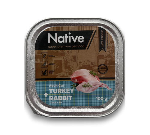 Native Adult Cat with Turkey Rabbit - повнораціонний вологий корм у вигляді шматочків в желе з індичкою і кроликом для дорослих котів, 100г