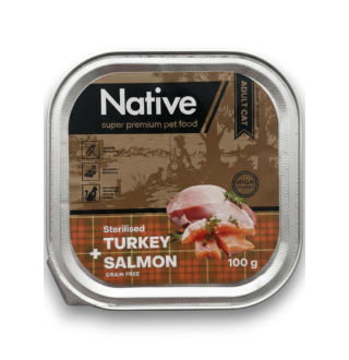 Native Adult Cat Sterilised with Turkey Salmon - повнораціонний вологий корм у вигляді шматочків в желе з індичкою і лососем для дорослих стерилізованих котів, 100г