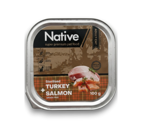 Native Adult Cat Sterilised with Turkey Salmon - повнораціонний вологий корм у вигляді шматочків в желе з індичкою і лососем для дорослих стерилізованих котів, 100г