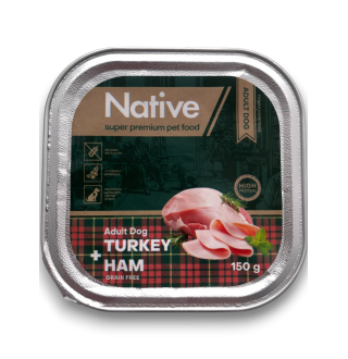Native Adult Dog with Turkey Ham - повнораціонний вологий корм у вигляді шматочків в желе з індичкою і шинкою для дорослих собак, 150г