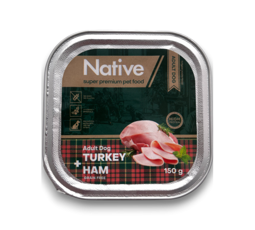 Native Adult Dog with Turkey Ham - повнораціонний вологий корм у вигляді шматочків в желе з індичкою і шинкою для дорослих собак, 150г