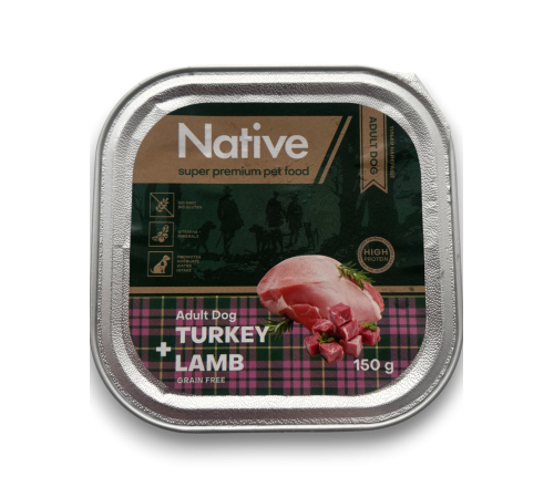 Native Adult Dog with Turkey Lamb - повнораціонний вологий корм у вигляді шматочків в желе з індичкою та ягням для дорослих собак, 150г