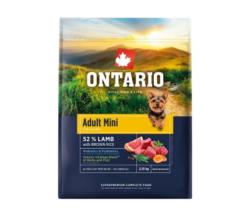 Ontario Adult Mini Lamb with Brown Rice NEW - сухий корм для дорослих собак дрібних порід з ягням та коричневим рисом, 2,25кг