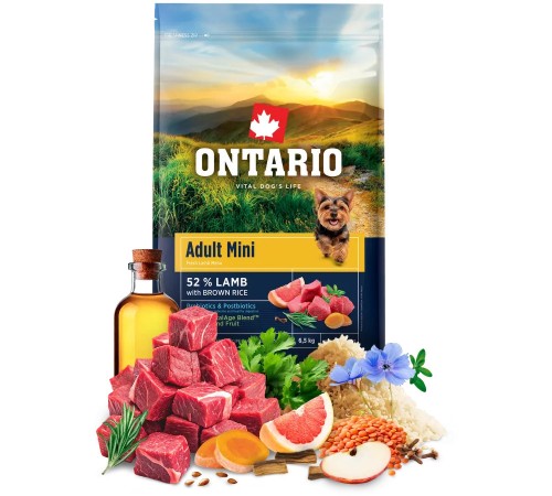 Ontario Adult Mini Lamb with Brown Rice NEW - сухий корм для дорослих собак дрібних порід з ягням та коричневим рисом, 6,5кг