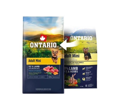 Ontario Adult Mini Lamb with Brown Rice NEW - сухий корм для дорослих собак дрібних порід з ягням та коричневим рисом, 750г