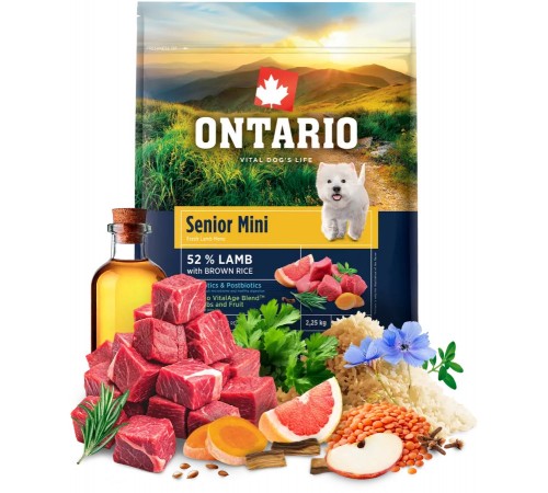 Ontario Senior Mini Lamb with Brown Rice NEW - сухий корм для літніх собак дрібних порід з ягням та коричневим рисом, 2,25кг