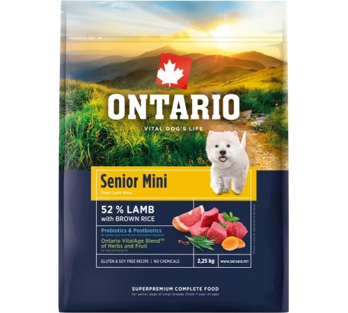Ontario Senior Mini Lamb with Brown Rice NEW - сухий корм для літніх собак дрібних порід з ягням та коричневим рисом, 2,25кг
